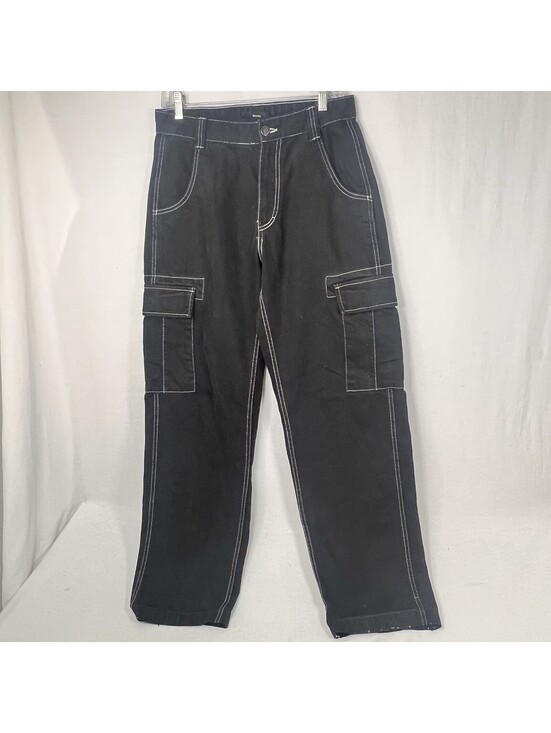 Bershka Pants - Bershka Black Denim Cargo Pants Size 30X30 Contrast Stitch Wide Leg Streetwear